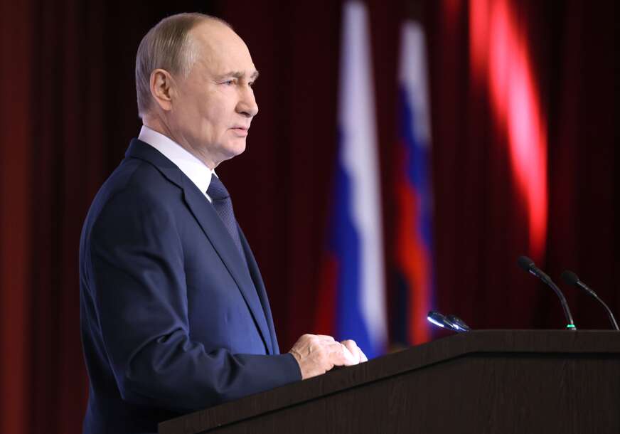 Russian President Vladimir Putin attends an annual extended meeting of the Interior Ministry Board