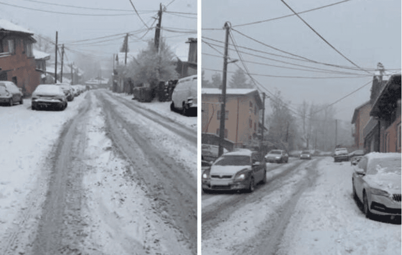 Snežna ulica u selu, zimski uvjeti, snijeg na cesti u Bosni i Hercegovini, zimski promet, snježna oluja u Balkanu.